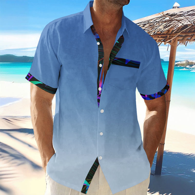 Men's Casual Hawaiian Leaves Contrast Print Short Sleeve Lapel Shirt