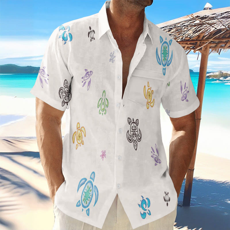 Vacation Watercolor Totem Turtle Print Short Sleeve Shirt