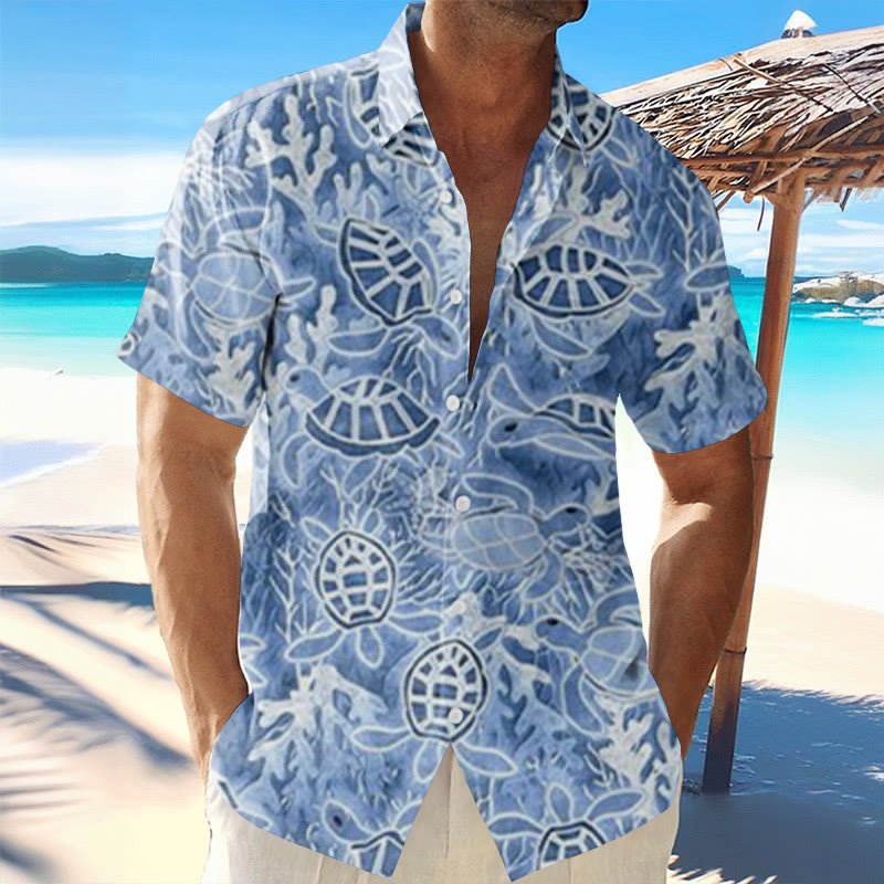 Vacation Coral Turtle Print Short Sleeve Hawaiian Shirt
