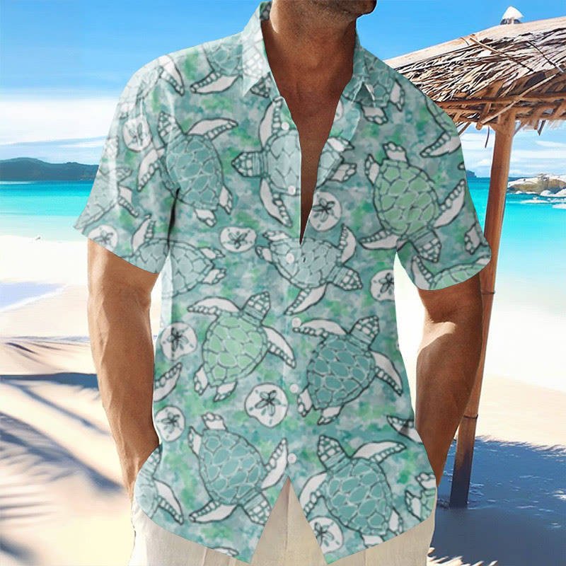 Vacation Floral Turtle Print Short Sleeve Hawaiian Shirt