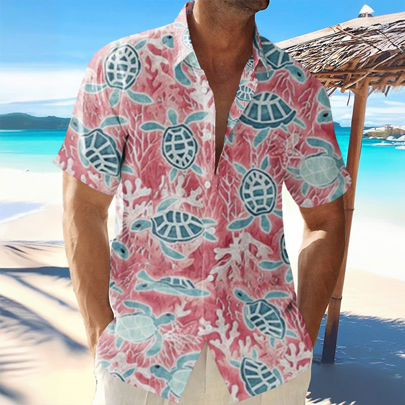 Vacation Contrast Turtle Print Short Sleeve Hawaiian Shirt