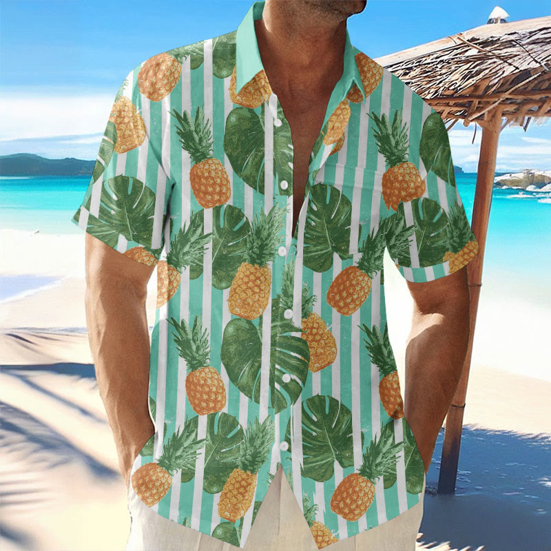 Men's Summer Vacation Tropical Pineapple Print Hawaiian Short Sleeve Shirt