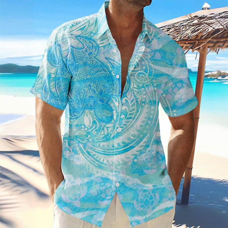 Vacation Totem Turtle Print Short Sleeve Hawaiian Shirt