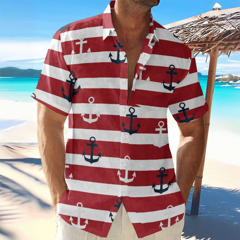 Men's Resort Stripe Anchor Print Casual Hawaiian Short Sleeve Shirt