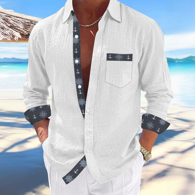 Men's Vacation Nautical Print Color Block Long Sleeve Lapel Shirt