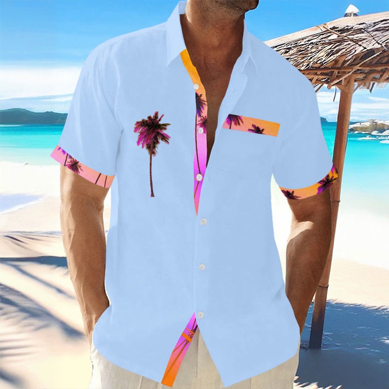 (Sale) Casual Holiday Palm Tree Contrast Print Hawaiian Short-sleeved Shirt