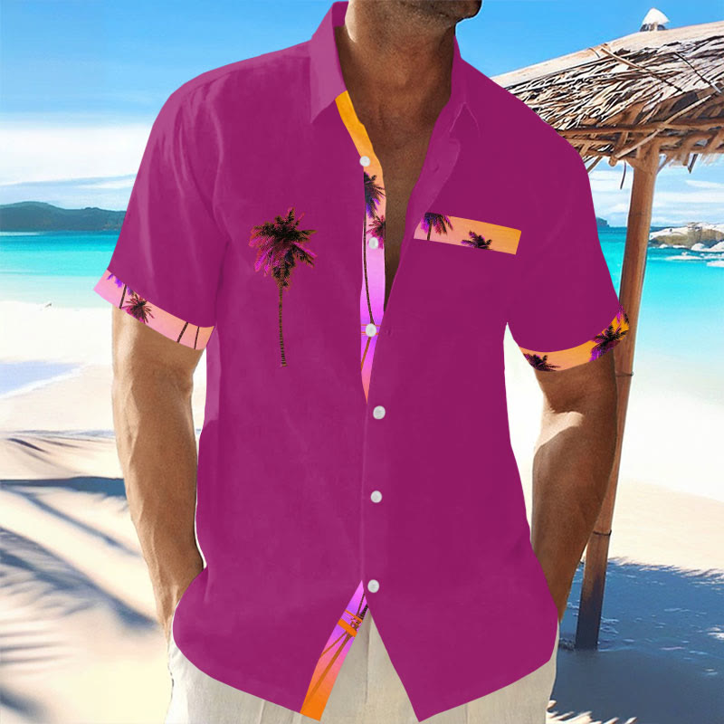 (Sale) Casual Holiday Palm Tree Contrast Print Hawaiian Short-sleeved Shirt