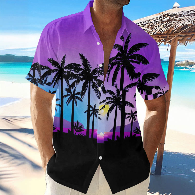 (Sale) Vacation Ombre Palm Tree Island Print Hawaiian Short-sleeved Shirt