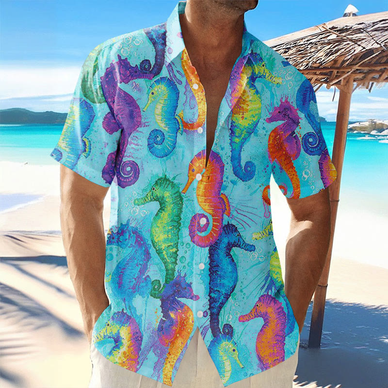 Men's Holiday Contrast Seahorse Print Shirt