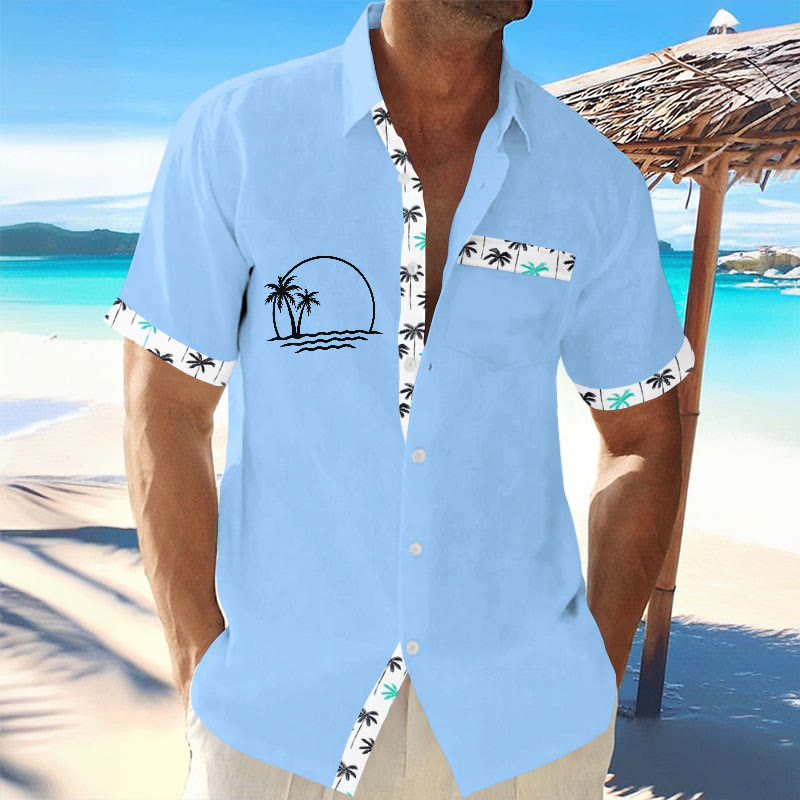 Men's Hawaiian Coconut Tree Contrast Print Resort Casual Short Sleeve Shirt