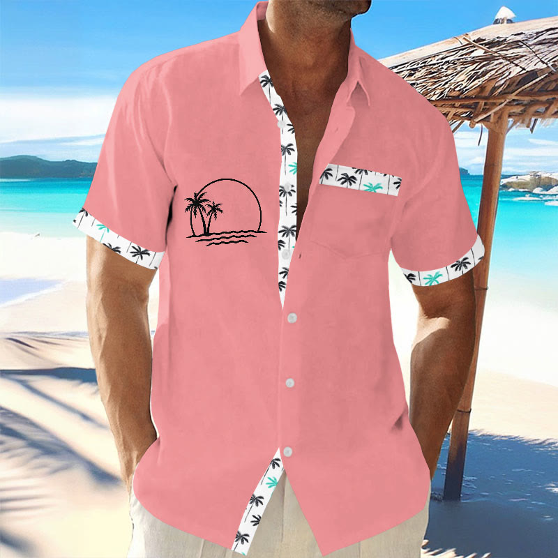 Men's Hawaiian Coconut Tree Contrast Print Resort Casual Short Sleeve Shirt