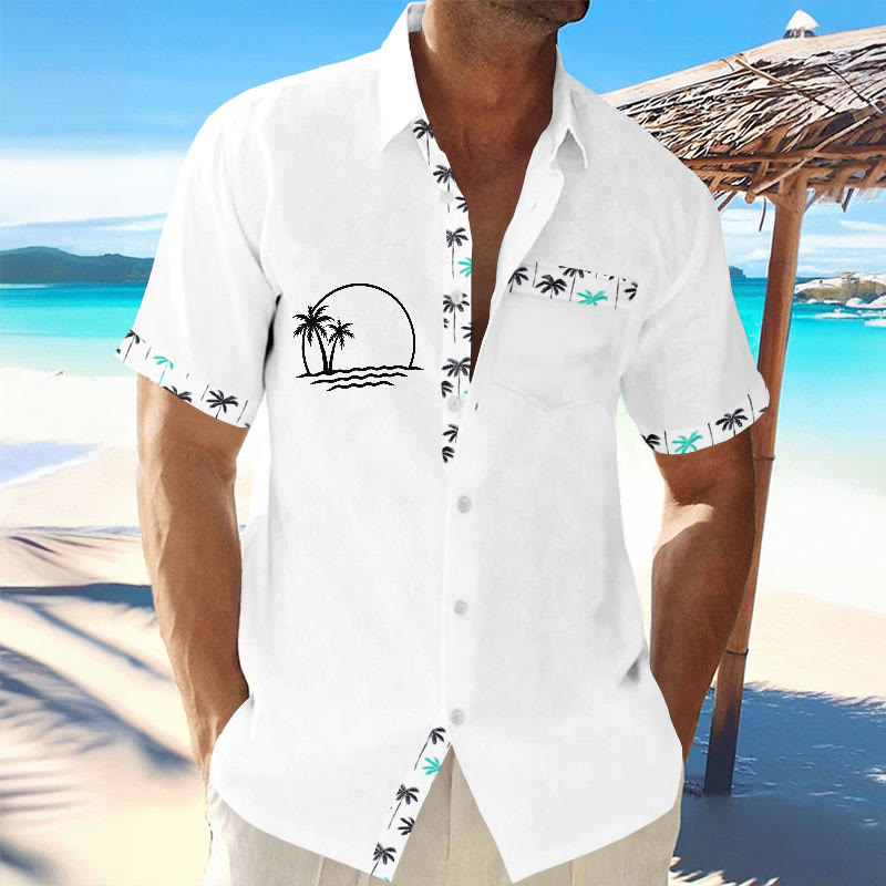 Men's Hawaiian Coconut Tree Contrast Print Resort Casual Short Sleeve Shirt
