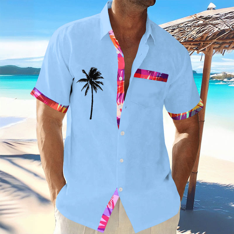Men's Coconut Tree Contrast Print Resort Casual Short Sleeve Shirt