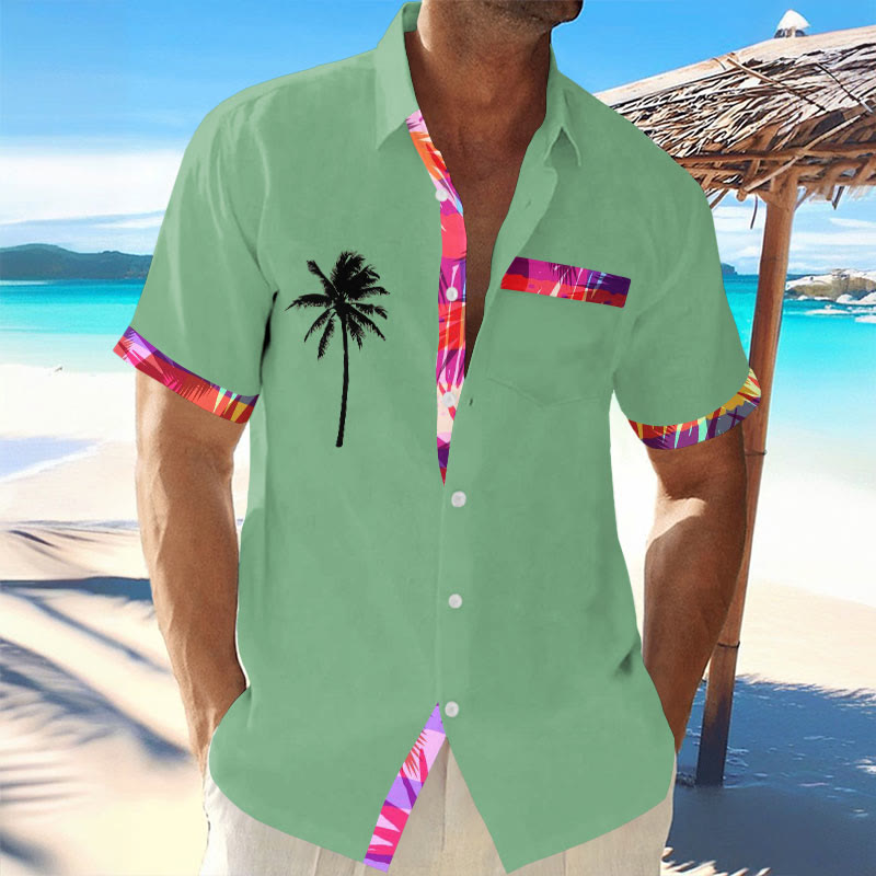 Men's Coconut Tree Contrast Print Resort Casual Short Sleeve Shirt