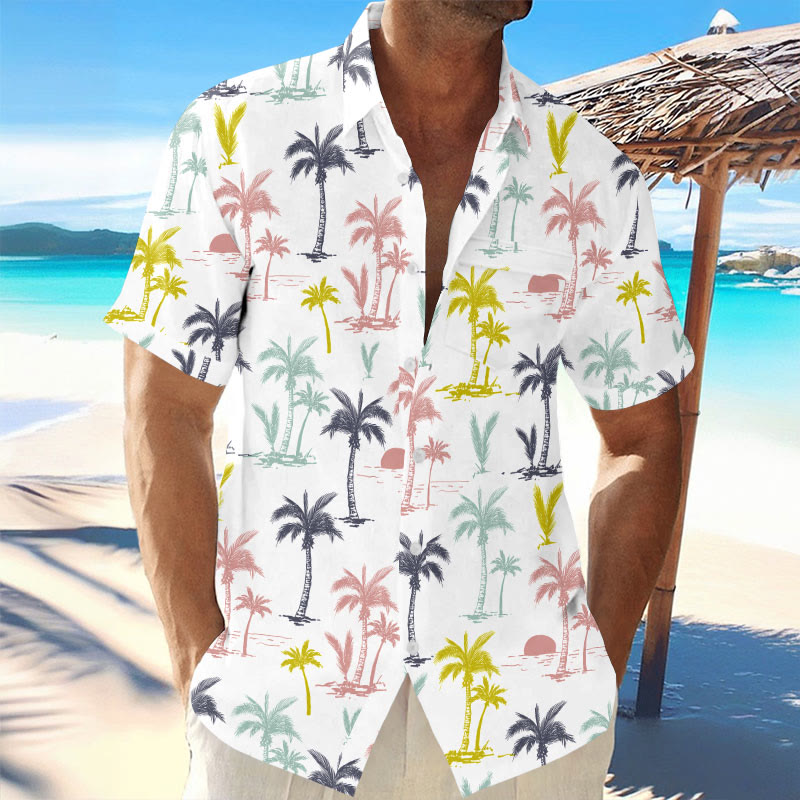Men's Resort Multicolor Palm Tree Print Casual Hawaiian Short Sleeve Shirt