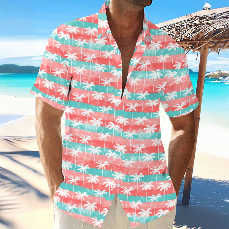 Men's Resort Striped Color Block Palm Tree Print Casual Hawaiian Short Sleeve Shirt
