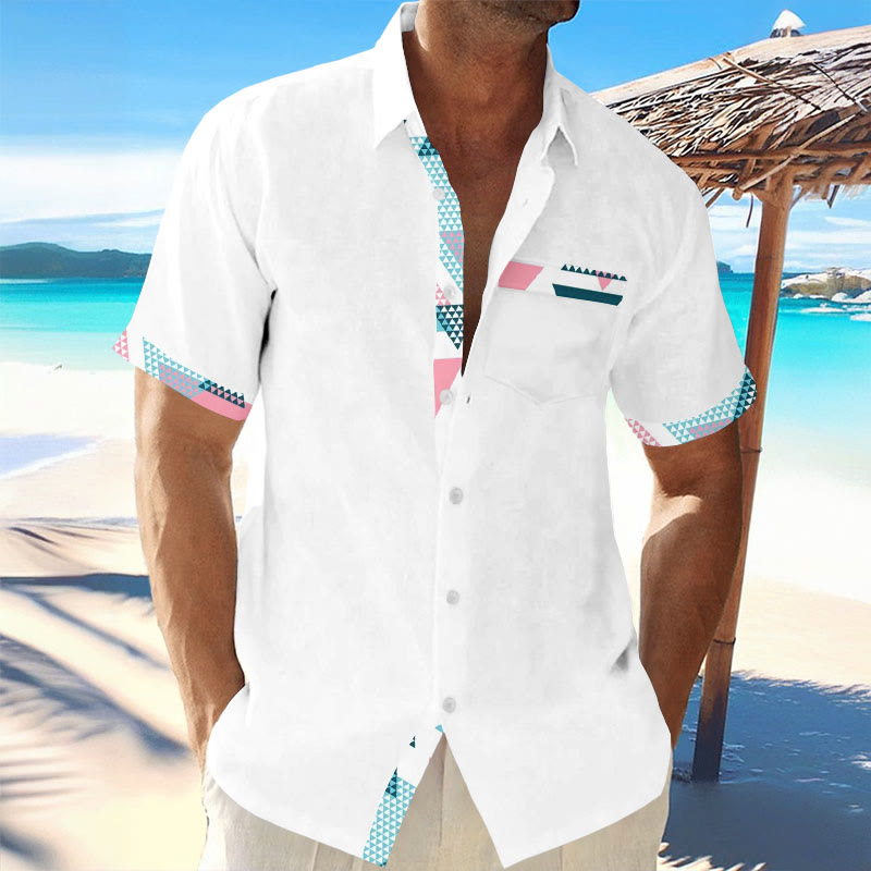 Vacation Casual Men's Simple Geometric Contrast Print Hawaiian Short-sleeved Shirt