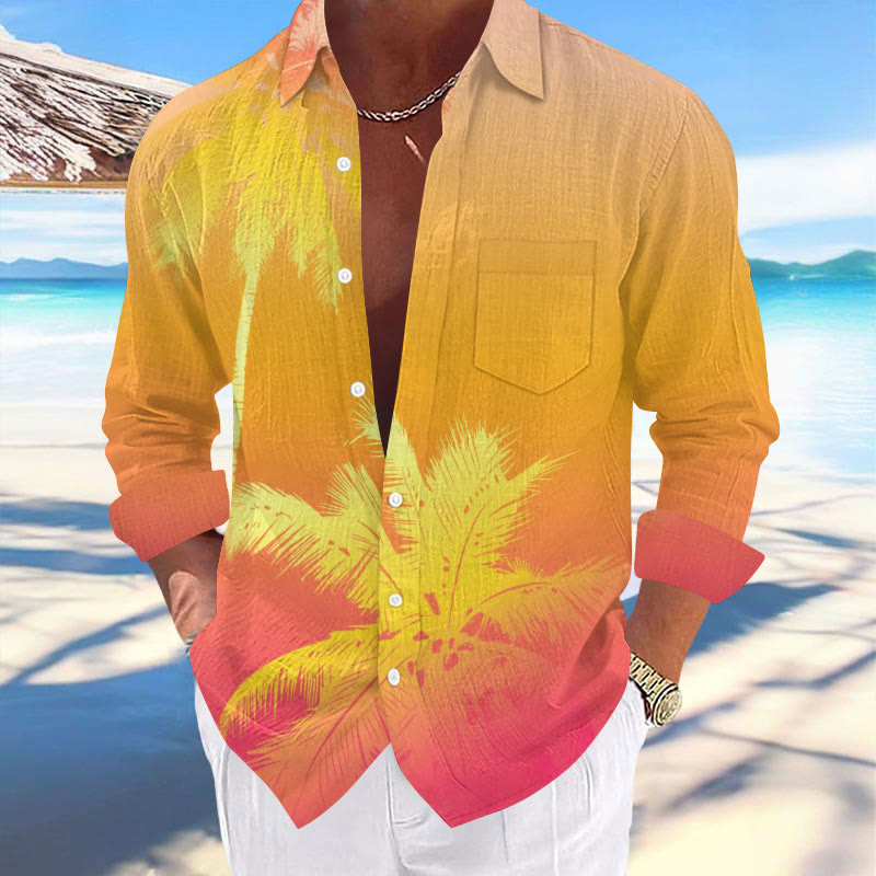 Casual Vacation Men's Ombre Palm Leaf Print Hawaiian Long-sleeved Shirt