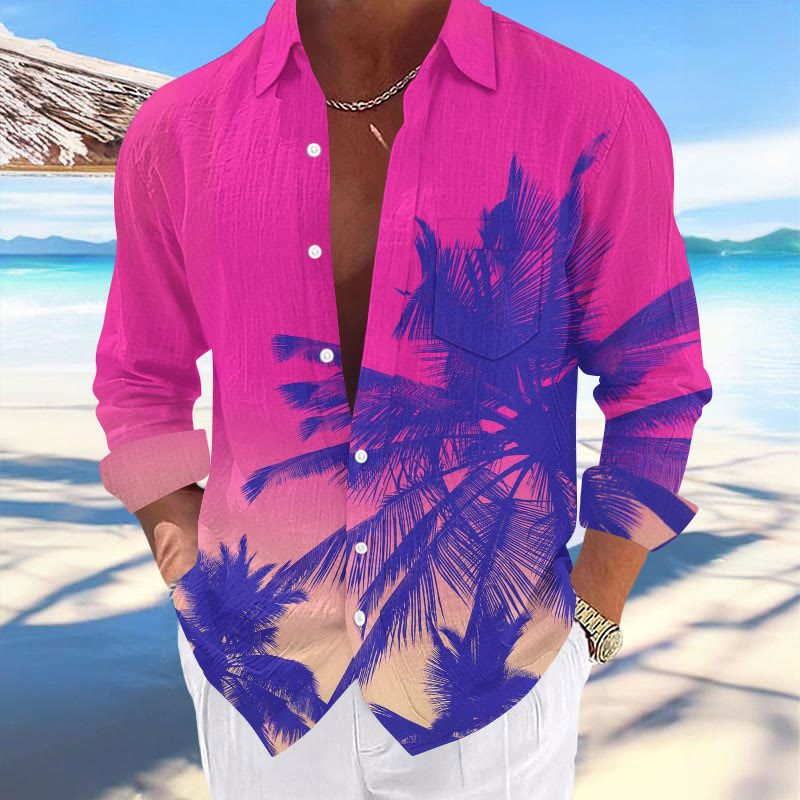 Men's Vacation Hawaiian Ombre Palm Leaf Print Long-sleeved Lapel Shirt