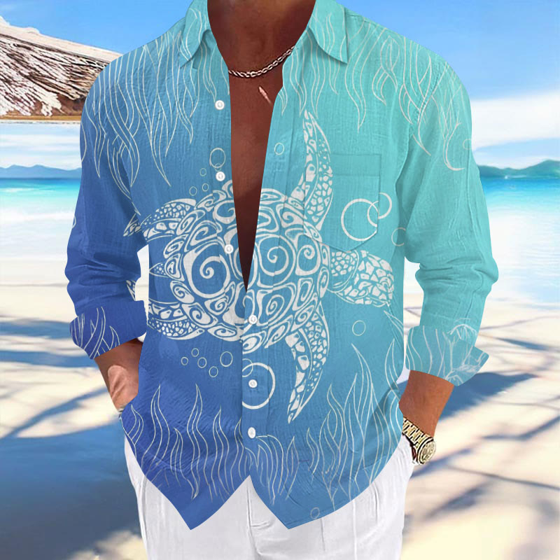 Men's Vacation Hawaii Ombre Totem Sea Turtle Print Long Sleeve Lapel Shirt