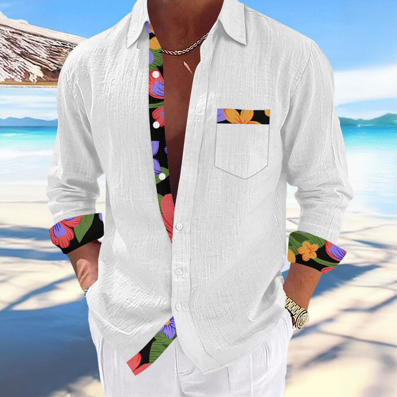 Men's Vacation Hawaiian Tropical Floral Contrast Print Long Sleeve Lapel Shirt