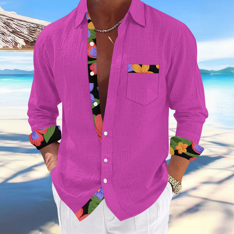 Men's Vacation Hawaiian Tropical Floral Contrast Print Long Sleeve Lapel Shirt