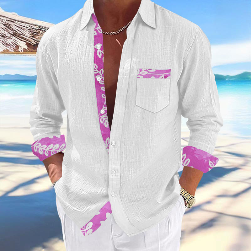 Men's Vacation Hawaiian Leaves Contrast Print Long Sleeve Lapel Shirt