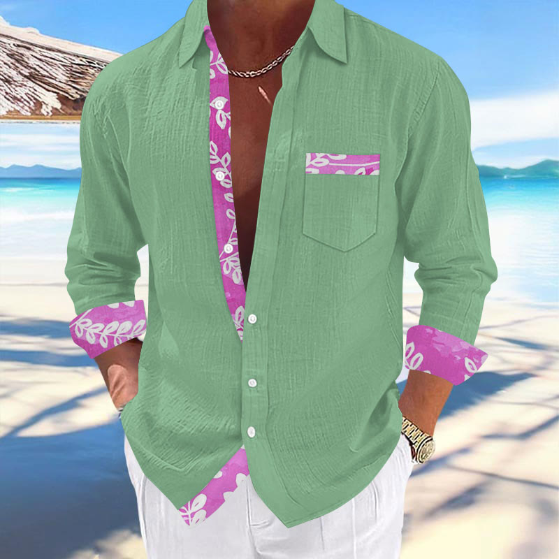 Men's Vacation Hawaiian Leaves Contrast Print Long Sleeve Lapel Shirt
