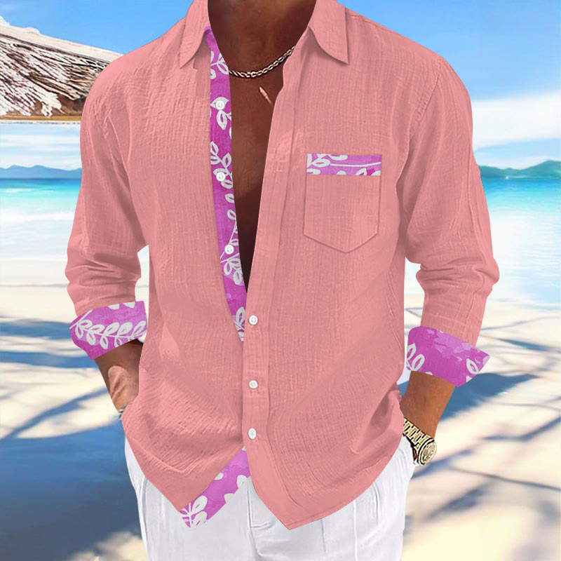 Men's Vacation Hawaiian Leaves Contrast Print Long Sleeve Lapel Shirt