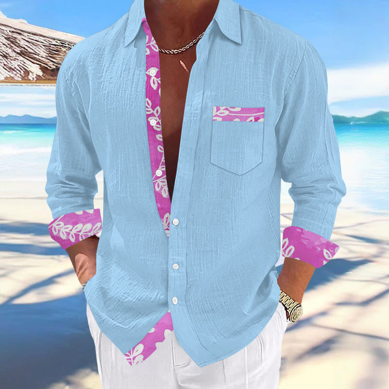 Men's Vacation Hawaiian Leaves Contrast Print Long Sleeve Lapel Shirt