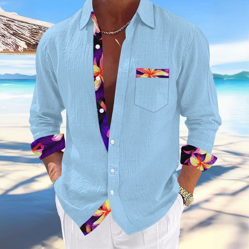 Men's Vacation Hawaiian Tropical Flower Contrast Print Long Sleeve Lapel Shirt