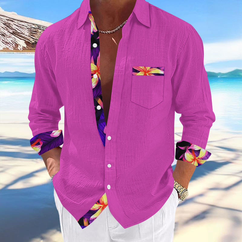 Men's Vacation Hawaiian Tropical Flower Contrast Print Long Sleeve Lapel Shirt