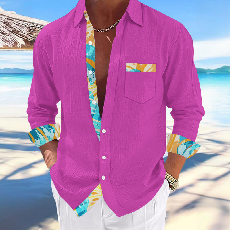 Fashionable Holiday Leaf Contrast Print Hawaiian Long-sleeved Lapel Shirt