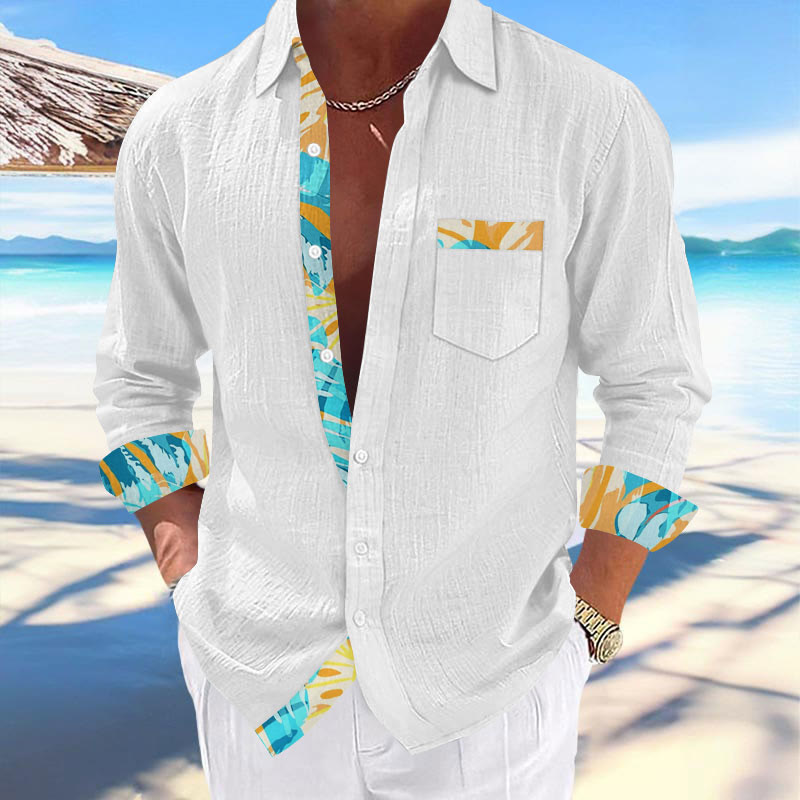 Fashionable Holiday Leaf Contrast Print Hawaiian Long-sleeved Lapel Shirt