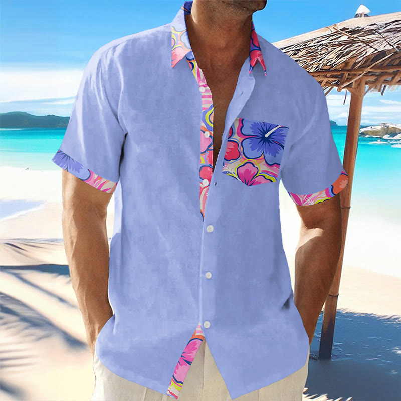 Casual Resort Tropical Floral Patchwork Print Men's Hawaiian Short-sleeved Shirt