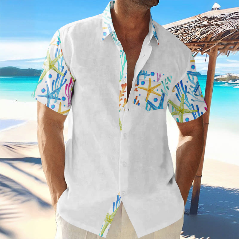 Casual Resort Watercolor Coral Pattern Patchwork Print Men's Hawaiian Short-sleeved Shirt