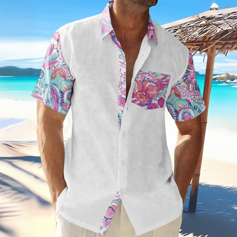Vacation Tropical Flower Watercolor Art Patchwork Print Men's Hawaiian Short Sleeve Shirt