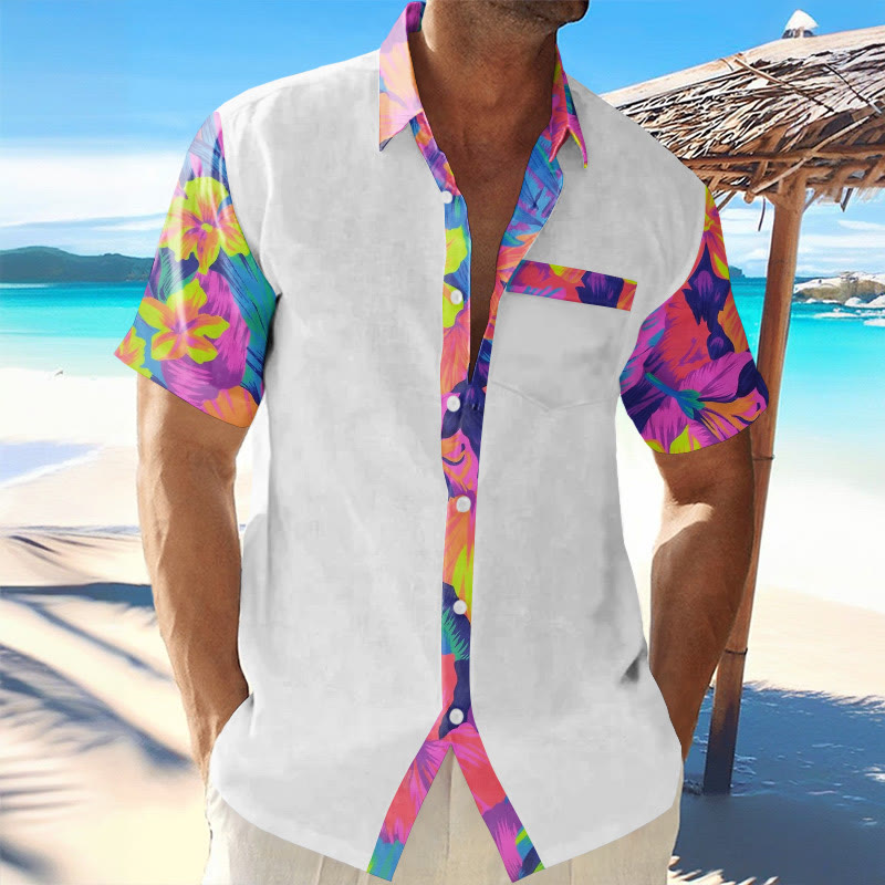 Men's Hawaiian Vacation Tropical Floral Patchwork Printed Short-sleeved Shirt