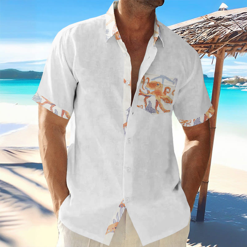 Men's Hawaiian Octopus Art Patchwork Print Short Sleeve Shirt