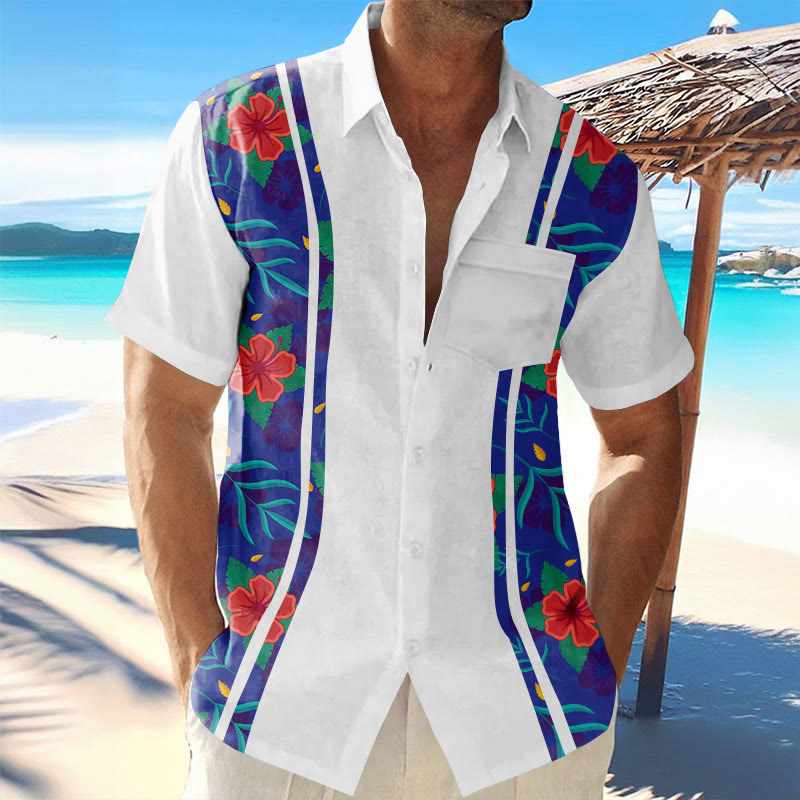 Men's Hawaiian Tropical Floral Art Patchwork Print Short Sleeve Shirt