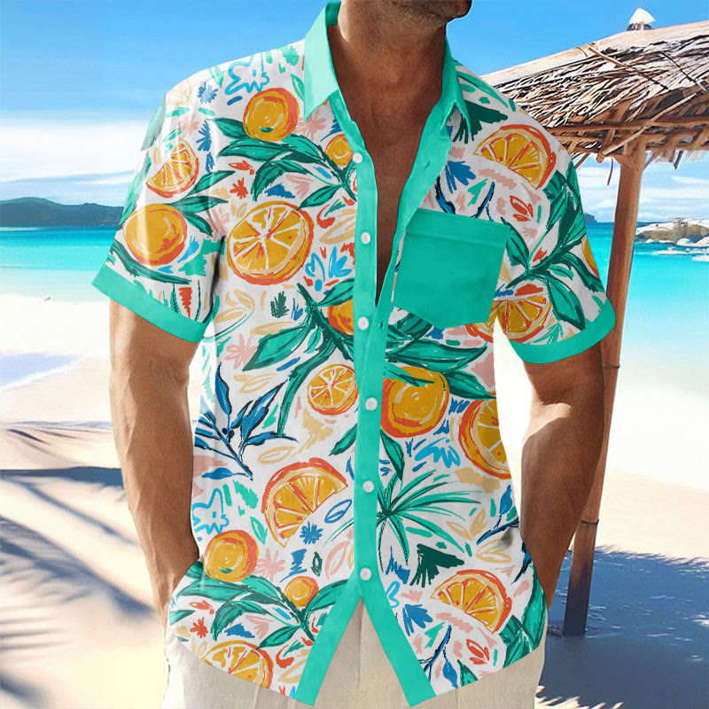 Men's Hawaiian Vacation Fresh Lemon Print Short Sleeve Shirt