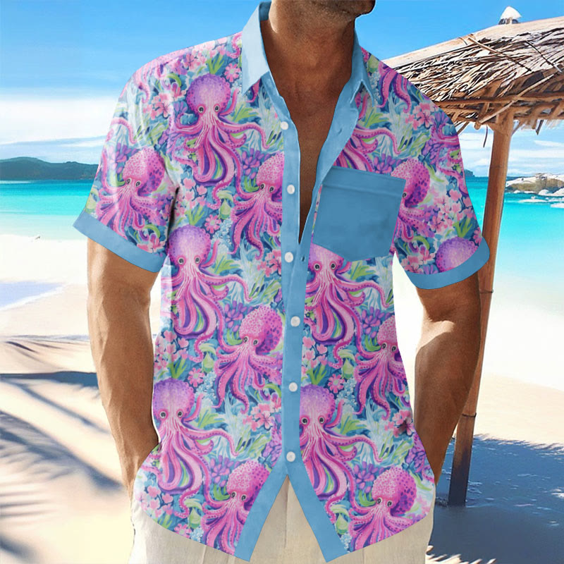 Men's Hawaiian Vacation Purple Octopus Print Short Sleeve Shirt