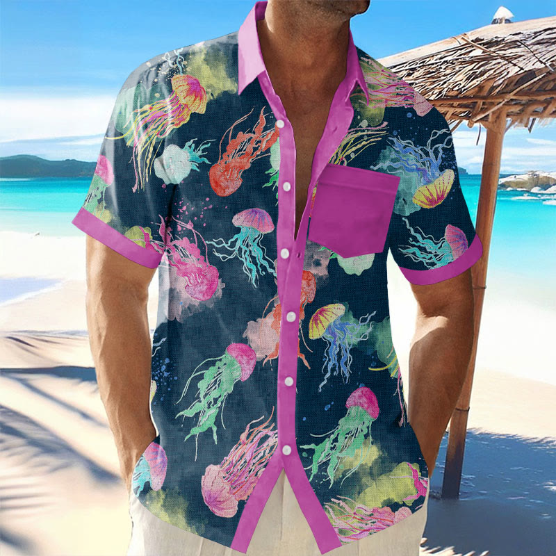 Men's Hawaiian Vacation Navy Deep Sea Jellyfish Print Short Sleeve Shirt