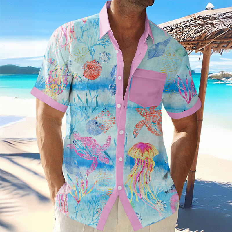 Men's Hawaiian Vacation Sea Critters  Print Short Sleeve Shirt
