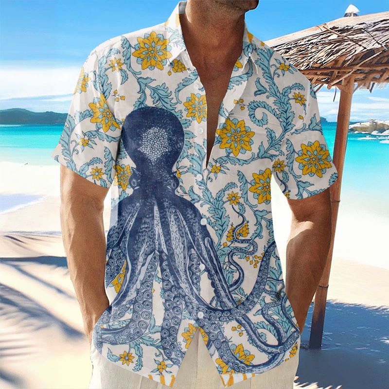 Men's Hawaiian Vacation Casual Octopus Print Short Sleeve Shirt