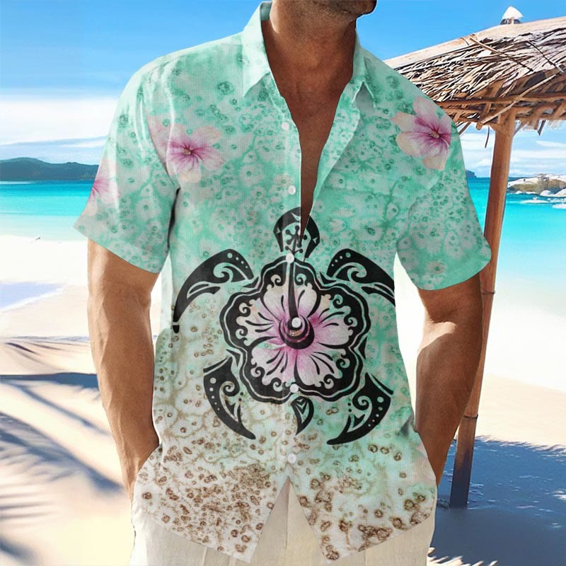 Men's Hawaiian Vacation Casual Sea Turtle Print Short Sleeve Shirt