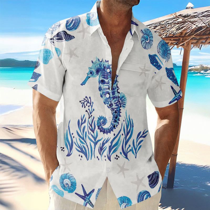 Men's Hawaiian Vacation Casual Seahorse Print Short Sleeve Shirt