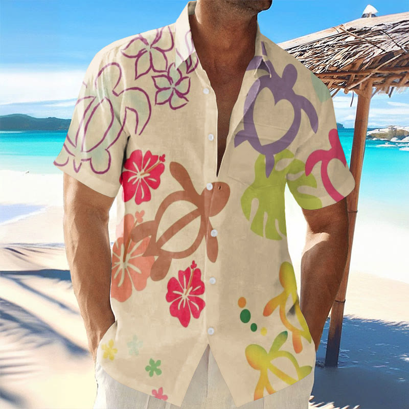 Men's Hawaiian Vacation Casual Tropical Floral Turtle Print Short Sleeve Shirt