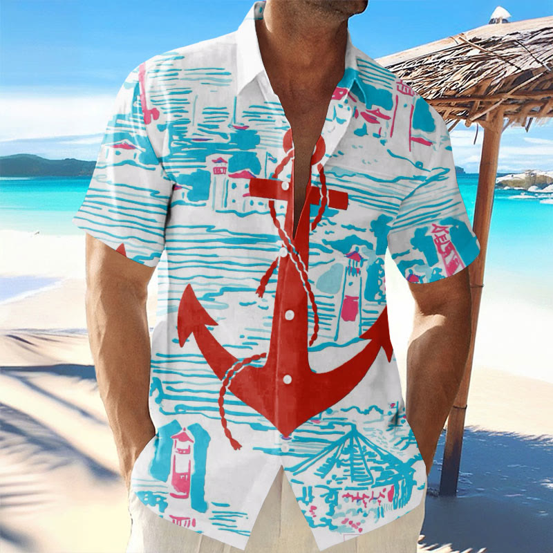 Men's Hawaiian Vacation Anchor Print Short Sleeve Shirt