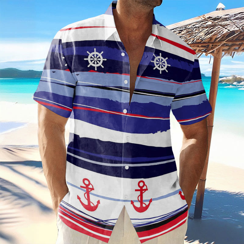 Men's Hawaiian Resort Striped Anchor Color Block Print Short Sleeve Shirt